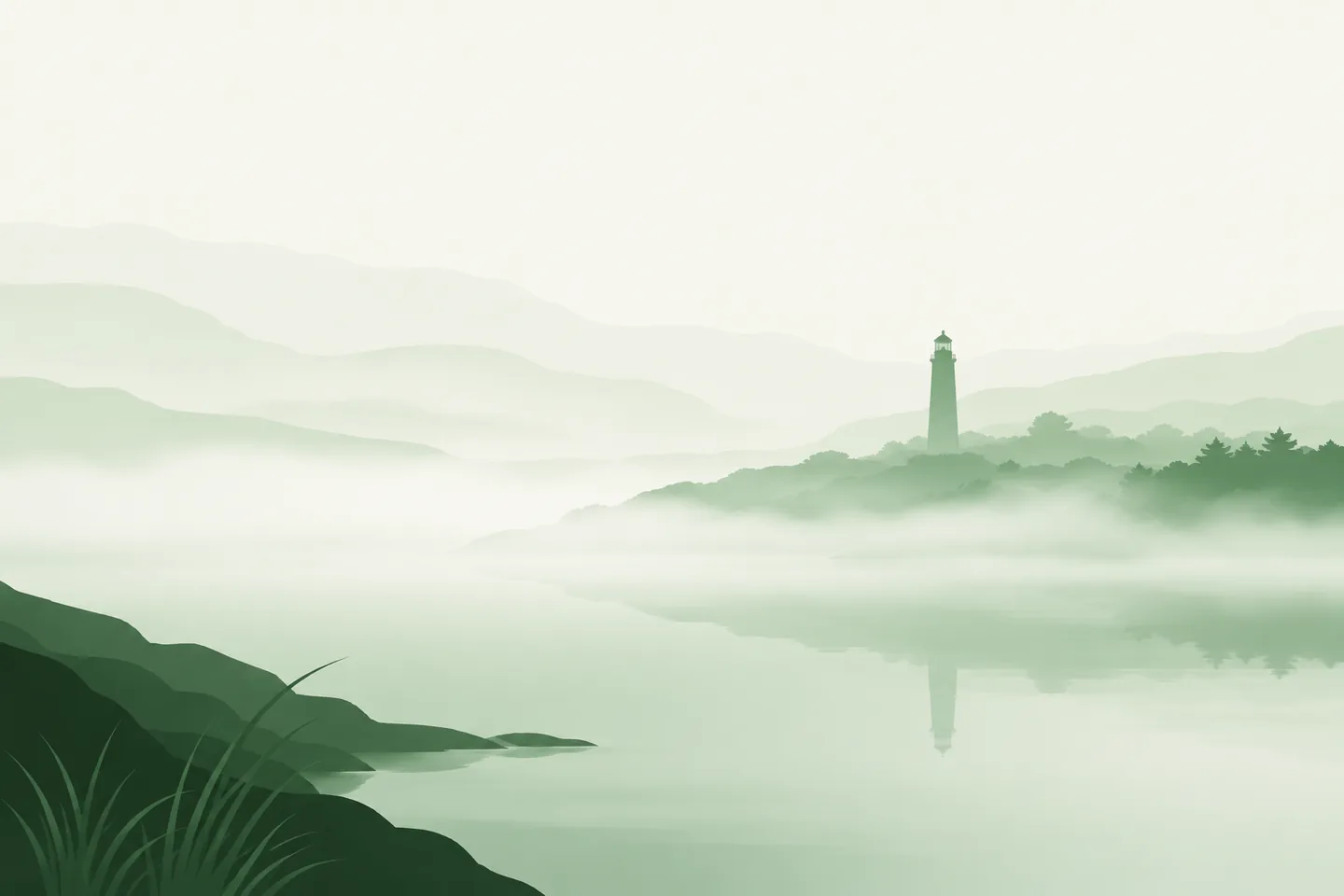 A coastal shoreline and faint lighthouse seen through layered fog