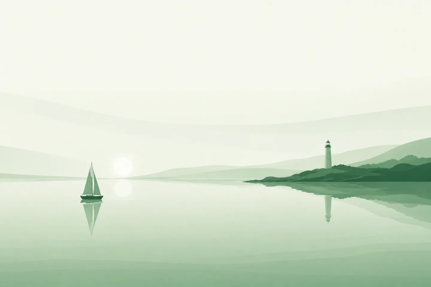 A small sailboat crossing calm water toward a distant lighthouse