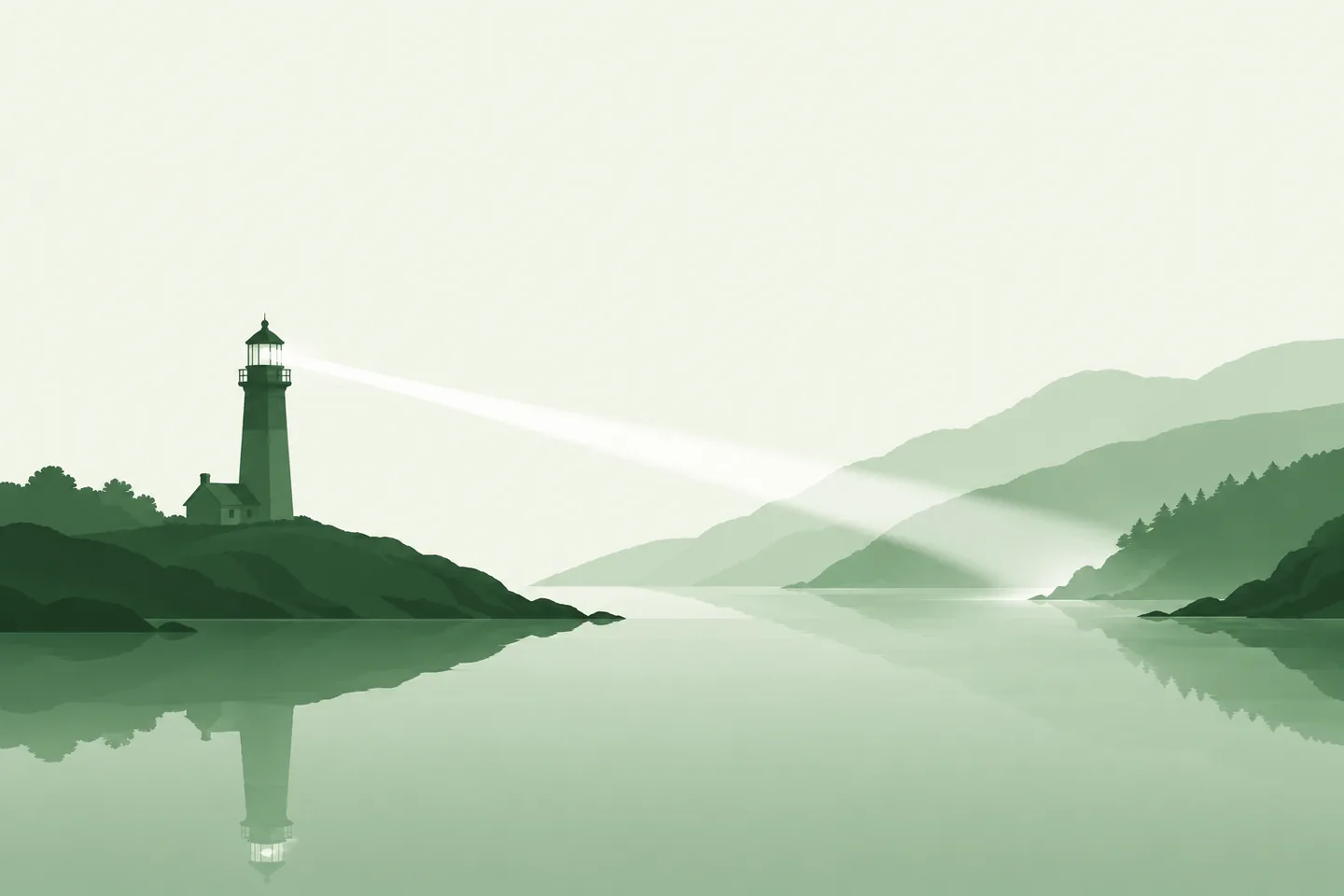 A lighthouse beam reaching across still water to a distant cove
