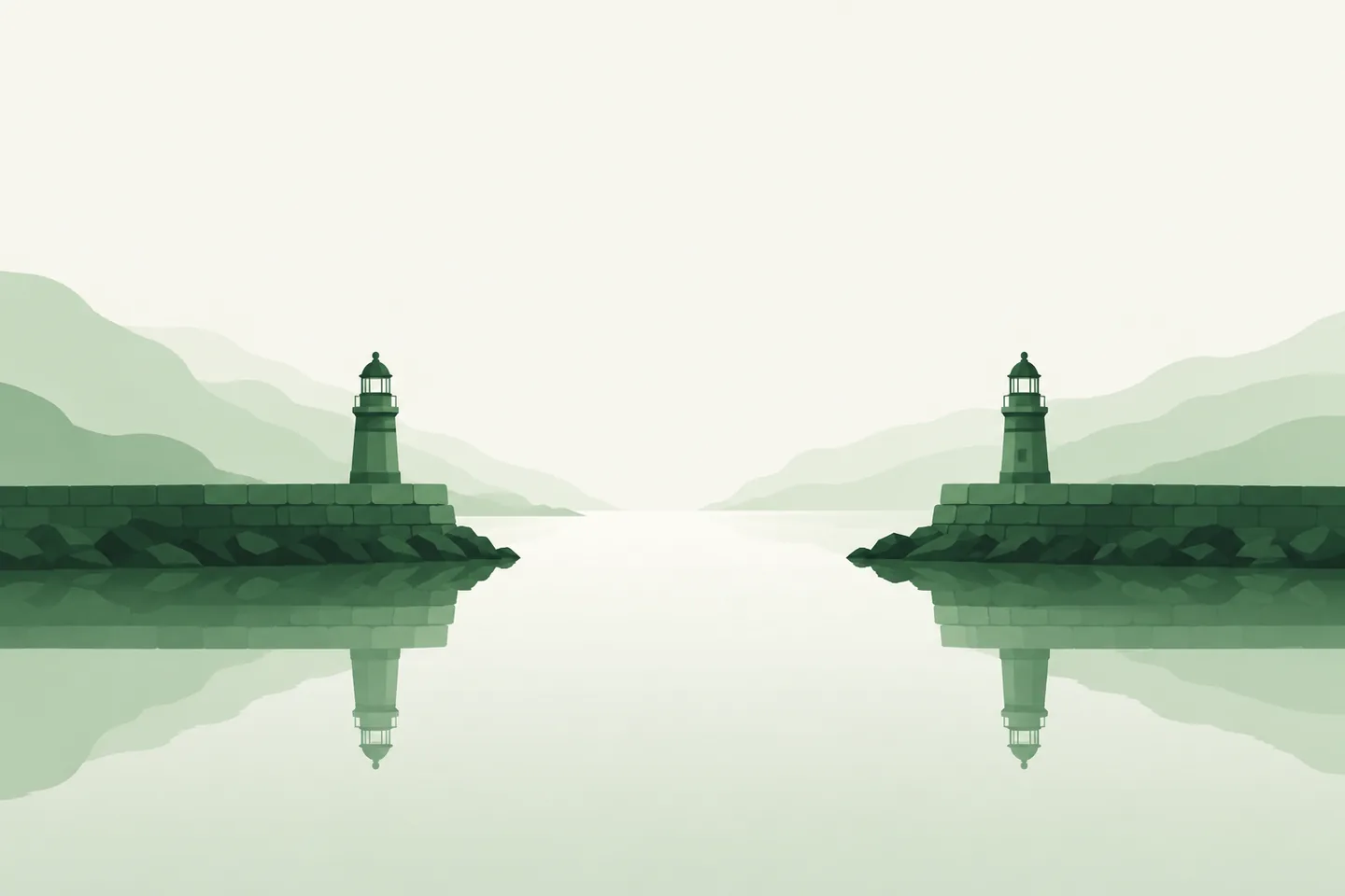 Two harbour jetties bridged by a channel of light over still water