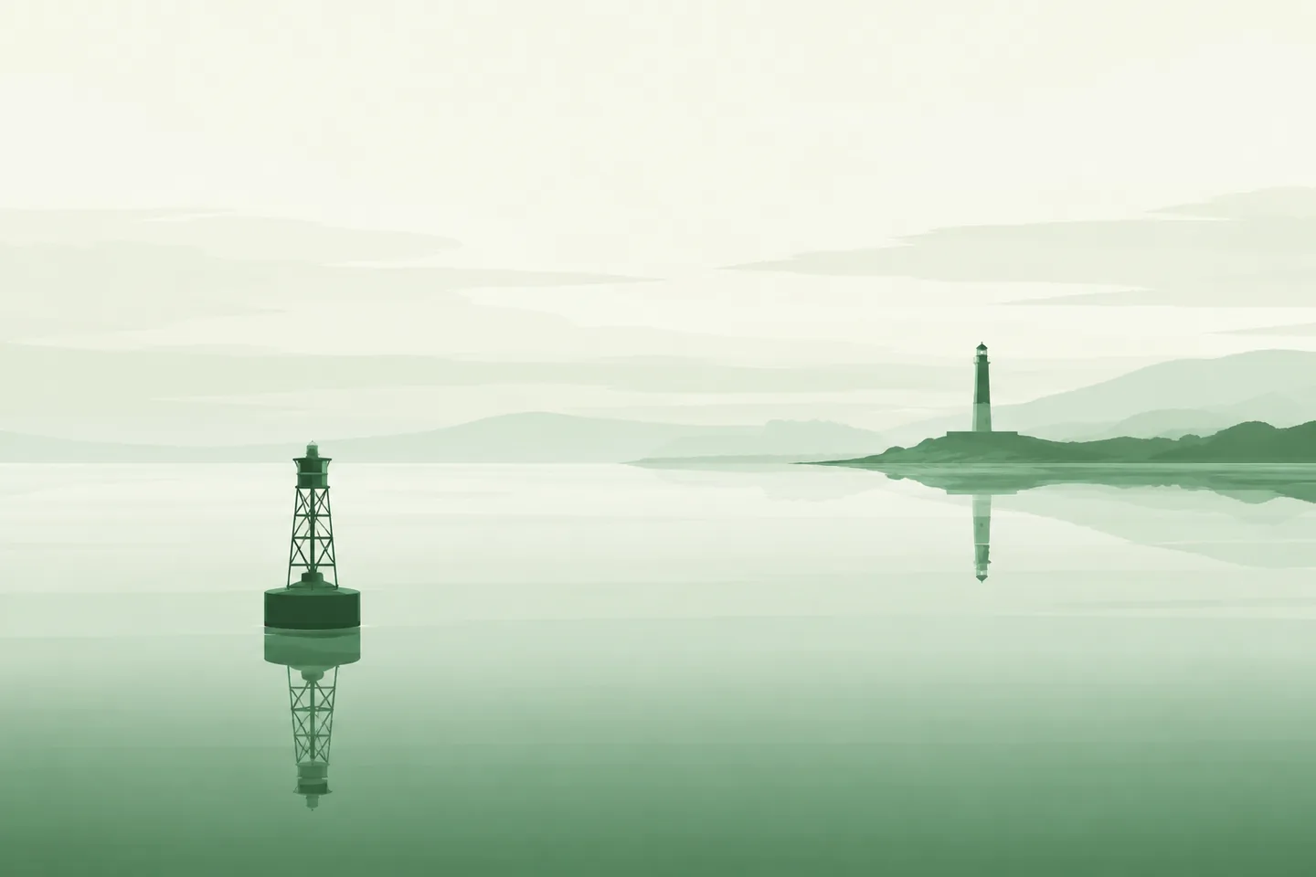 A solitary buoy on calm water with a distant horizon lighthouse