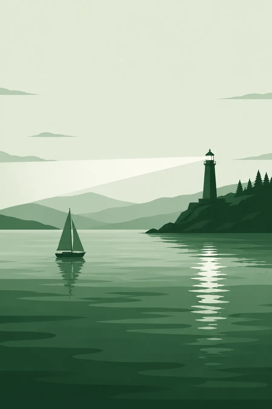 A small sailboat crossing calm water toward a distant lighthouse at dusk — a quiet, private passage