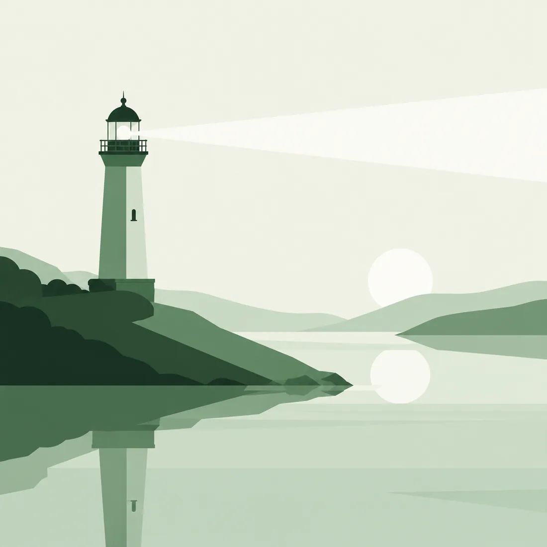 A minimalist green lighthouse casting a beam across calm water toward the horizon